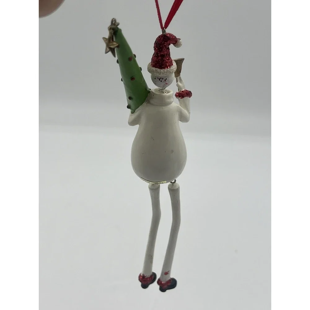 Dancing Snowman Ornament Holding Christmas Tree & Bell Red Glitter 8
